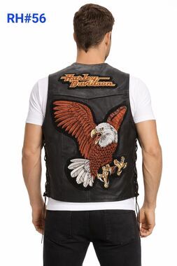 Mens Genuine Leather Vest w/Harley Davidson & Eagle Back Patched - RH#56